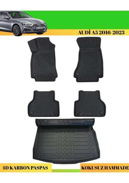 Audi A5 2016-2023 Araca Özel Üretim 4d Havuzlu Karbon Paspas Takımı + 3D Bagaj Havuzu