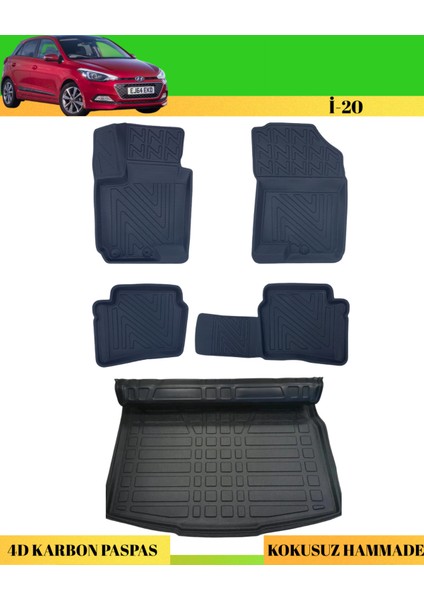 Hyundai I20 2015-2020 Araca Özel Üretim 4d Havuzlu Karbon Paspas Takımı + 3D Bagaj Havuzu