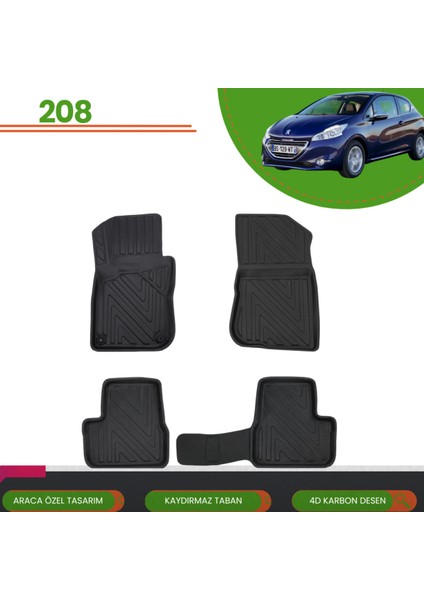 Peugeot 208 2012-2018 Araca Özel 4d Havuzlu Paspas Takımı (Karbon)
