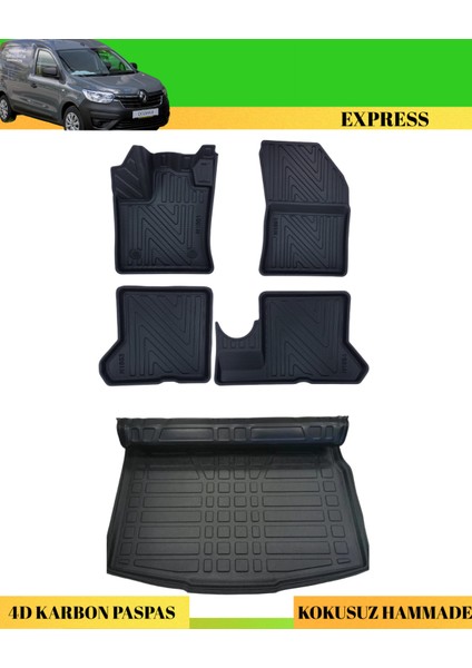 Renault Express 2021+ Araca Özel Üretim 4d Havuzlu Karbon Paspas Takımı + 3D Bagaj Havuzu