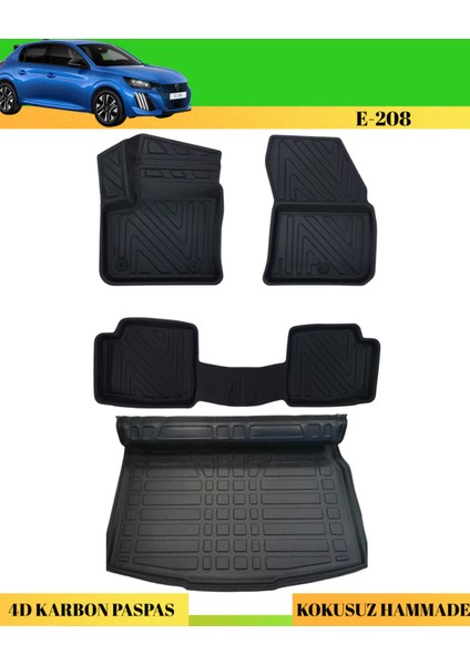 Peugeot 208 2022+ Elektrikli Araca Özel Üretim 4d Havuzlu Karbon Paspas Takımı + 3D Bagaj Havuzu