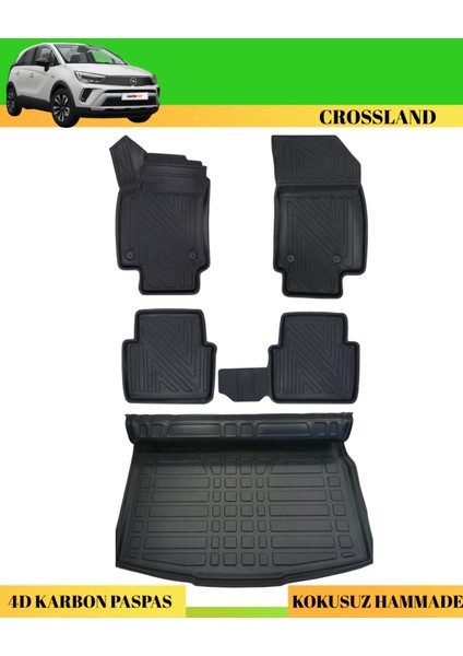 Opel Crossland 2017+ Araca Özel Üretim 4d Havuzlu Karbon Paspas Takımı + 3D Bagaj Havuzu Üst