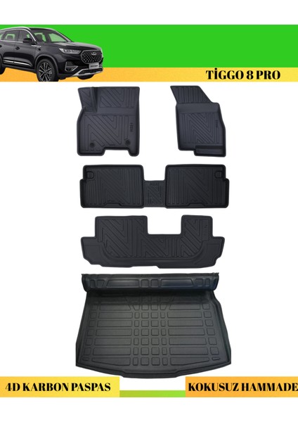 Chery Tiggo 8 Pro 7koltuk Araca Özel Üretim 4d Havuzlu Karbon Paspas Takımı + 3D Bagaj Havuzu