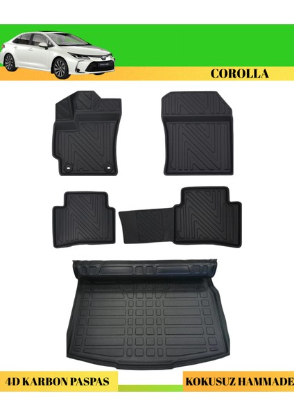Toyota Corolla 2019+ Araca Özel Üretim 4d Havuzlu Karbon Paspas Takımı + 3D Bagaj Havuzu