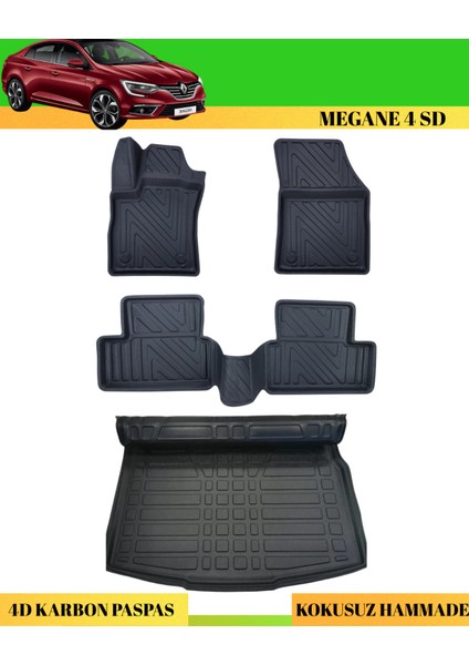 Renault Megane 4 Sd Araca Özel Üretim 4d Havuzlu Karbon Paspas Takımı + 3D Bagaj Havuzu Çift Kulak