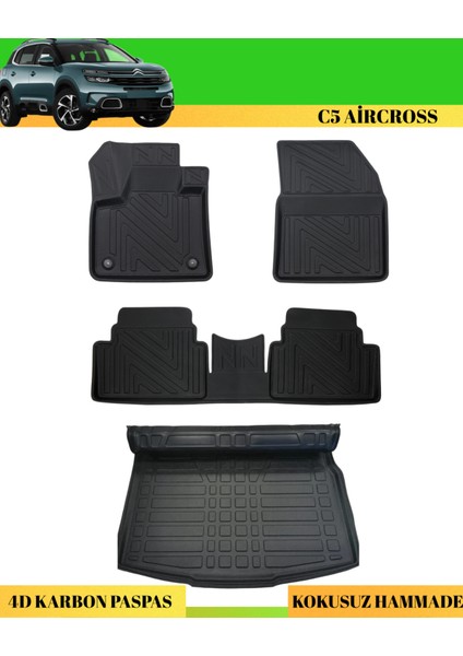 Citroen C5 Aircross 2017+ Araca Özel Üretim 4d Havuzlu Karbon Paspas Takımı + 3D Bagaj Havuzu Üst