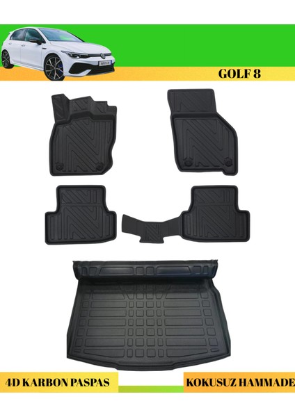 Volkswagen Golf 8 Otomatik Araca Özel Üretim 4d Havuzlu Karbon Paspas Takımı + 3D Bagaj Havuzu