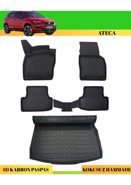 Seat Ateca 2017+ Araca Özel Üretim 4d Havuzlu Karbon Paspas Takımı + 3D Bagaj Havuzu