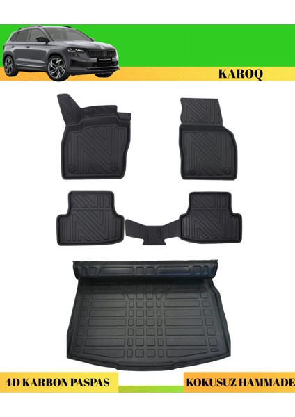 Skoda Karoq 2018+ Araca Özel Üretim 4d Havuzlu Karbon Paspas Takımı + 3D Bagaj Havuzu