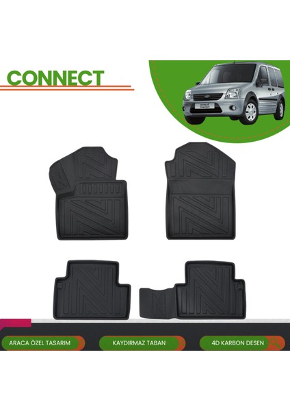 Ford Connect 2003-2013 4d Araca Özel Havuzlu Paspas Takımı (Karbon)