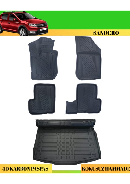 Dacia Sandero 2008-2020 Araca Özel Üretim 4d Havuzlu Karbon Paspas Takımı + 3D Bagaj Havuzu