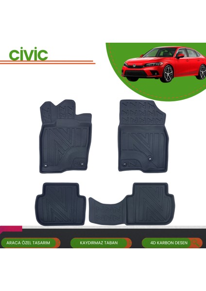 Honda Civic 2021+ 4d Araca Özel Havuzlu Paspas Takımı (Karbon)