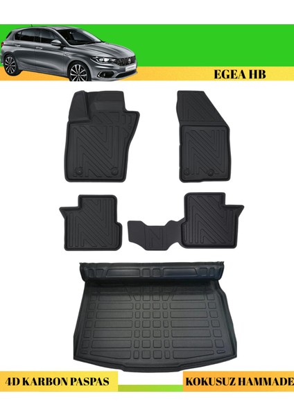 Fiat Egea Hatchback 2015+ Araca Özel Üretim 4d Havuzlu Karbon Paspas Takımı + 3D Bagaj Havuzu