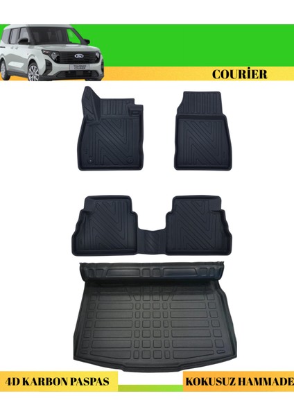 Ford Courier 2024+ Araca Özel Üretim 4d Havuzlu Karbon Paspas Takımı + 3D Bagaj Havuzu
