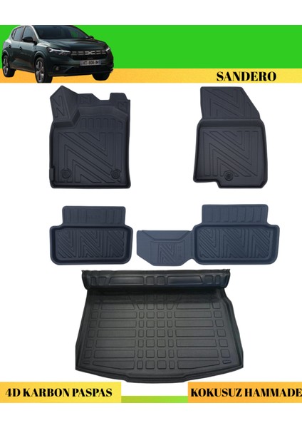 Sandero 2021+ Essential Comfort Araca Özel Üretim 4d Havuzlu Karbon Paspas Takımı + 3D Bagaj Havuzu