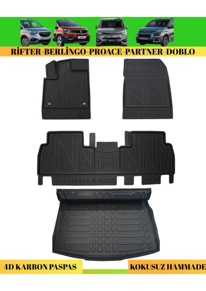 Rifter/combo/berlingo/proace/doblo Araca Özel Üretim Karbon Paspas Takımı + Bagaj Havuzu
