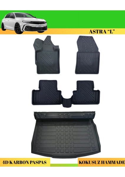 Opel Astra "l" 2022+ Araca Özel Üretim 4d Havuzlu Karbon Paspas Takımı + 3D Bagaj Havuzu Alt