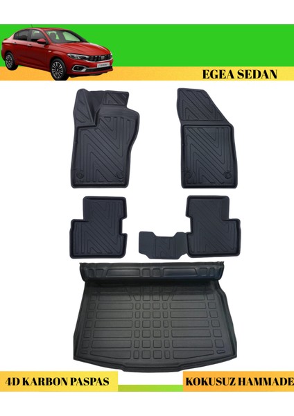Fiat Egea Sedan 2015+ Araca Özel Üretim 4d Havuzlu Karbon Paspas Takımı + 3D Bagaj Havuzu