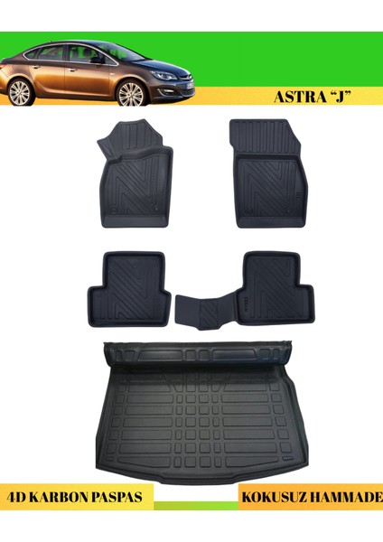 Opel Astra "j" Sedan 2012+ Araca Özel Üretim 4d Havuzlu Karbon Paspas Takımı + 3D Bagaj Havuzu