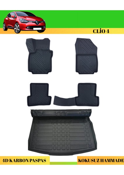 Renault Clio 4 2012-2018 Hb Araca Özel Üretim 4d Havuzlu Karbon Paspas Takımı + 3D Bagaj Havuzu