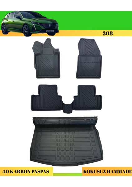 Peugeot 308 2023+ Araca Özel Üretim 4d Havuzlu Karbon Paspas Takımı + 3D Bagaj Havuzu