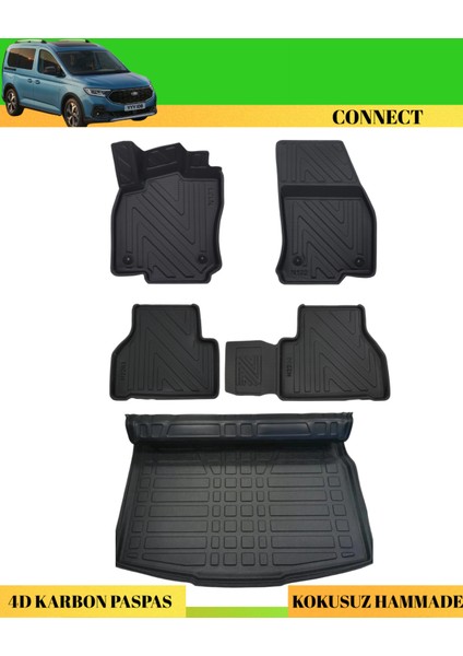 Ford Connect 2023+ Araca Özel Üretim 4d Havuzlu Karbon Paspas Takımı + 3D Bagaj Havuzu