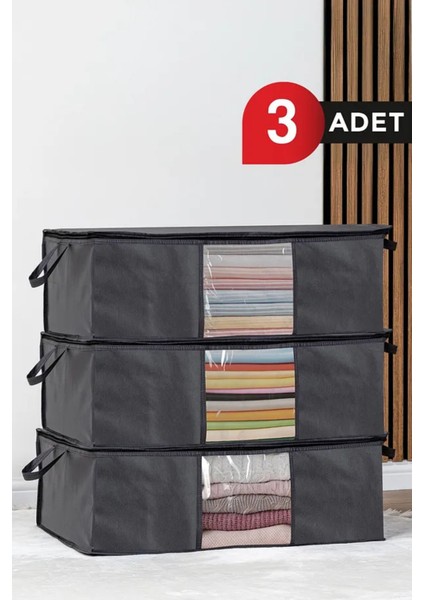3 Adet Antrasit Gri Pencereli Giysi Hurcu Saklama Çantası 64X45X22