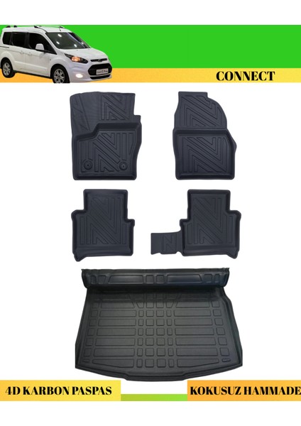 Ford Connect 03-14 Araca Özel Üretim 4d Havuzlu Karbon Paspas Takımı + 3D Bagaj Havuzu 90/75HP