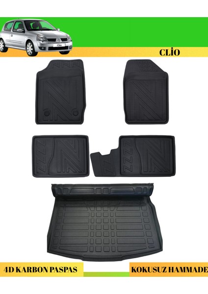 Renault Clio 1999-2007 Araca Özel Üretim 4d Havuzlu Karbon Paspas Takımı + 3D Bagaj Havuzu