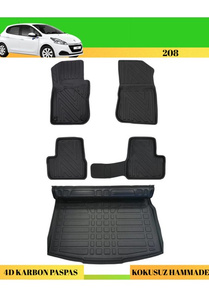 Peugeot 208 2013-2019 Araca Özel Üretim 4d Havuzlu Karbon Paspas Takımı + 3D Bagaj Havuzu