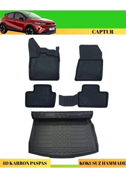 Renault Captur 2020+ Araca Özel Üretim 4d Havuzlu Karbon Paspas Takımı + 3D Bagaj Havuzu Üst