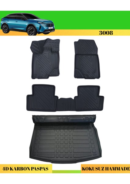Peugeot 3008 2024+ Araca Özel Üretim 4d Havuzlu Karbon Paspas Takımı + 3D Bagaj Havuzu Alt