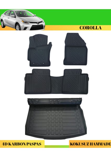 Toyota Corolla 2013-2018 Araca Özel Üretim 4d Havuzlu Karbon Paspas Takımı + 3D Bagaj Havuzu