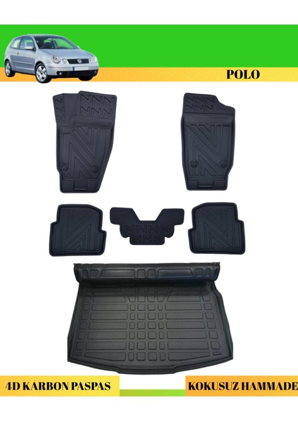 Volkswagen Polo 2002-2008 Araca Özel Üretim 4d Havuzlu Karbon Paspas Takımı + 3D Bagaj Havuzu