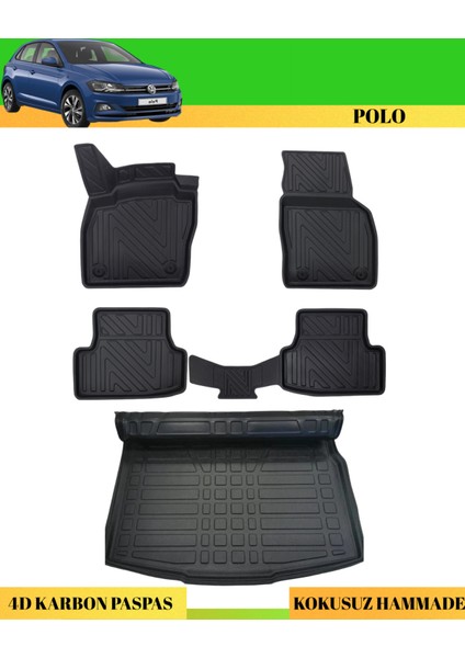 Volkswagen Polo 2018+ Araca Özel Üretim 4d Havuzlu Karbon Paspas Takımı + 3D Bagaj Havuzu Üst