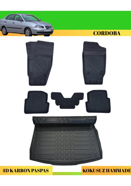Seat Cordoba 2003-2009 Sd Araca Özel Üretim 4d Havuzlu Karbon Paspas Takımı + 3D Bagaj Havuzu
