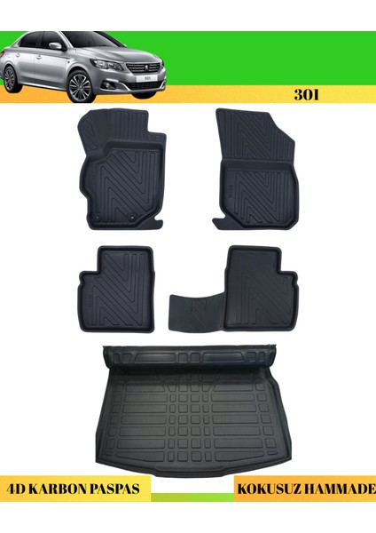 Peugeot 301 2012+ Araca Özel Üretim 4d Havuzlu Karbon Paspas Takımı + 3D Bagaj Havuzu