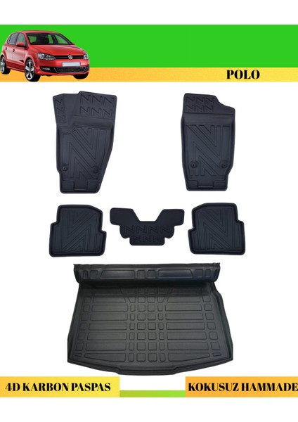 Volkswagen Polo 2009-2017 Araca Özel Üretim 4d Havuzlu Karbon Paspas Takımı + 3D Bagaj Havuzu