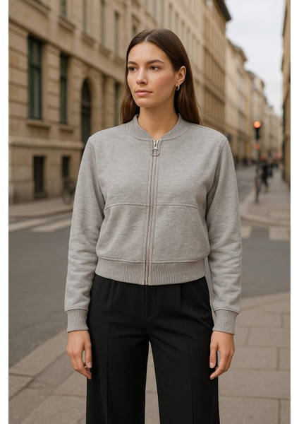 3 Iplik Şardonlu Basic Gri Fermuarlı Sweatshirt