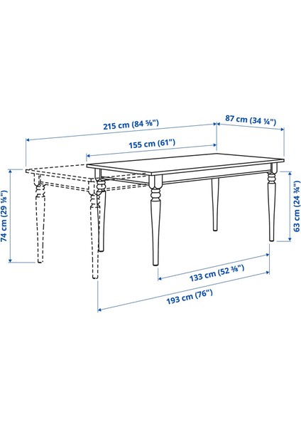 Ingatorp Açılır Yemek Masası Siyah 4 6 Kişilik 155 / 215 x 87 Cm fiyatları