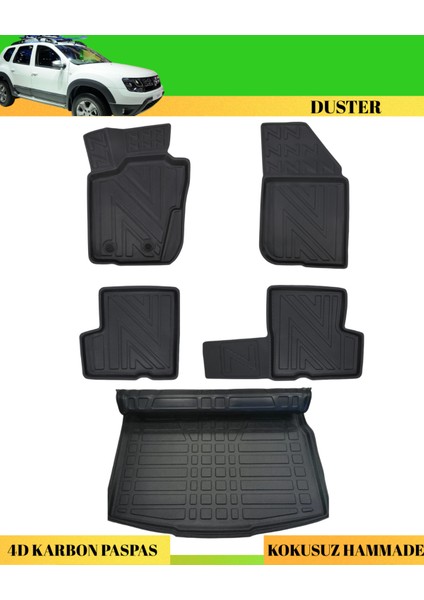 Dacia Duster 2010-2017 4x2 Araca Özel Üretim 4d Havuzlu Karbon Paspas Takımı + 3D Bagaj Havuzu