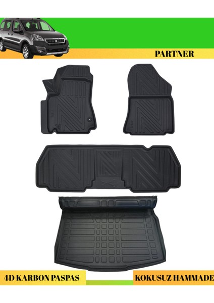 Peugeot Partner 2008-2018 Araca Özel Üretim 4d Havuzlu Karbon Paspas Takımı + 3D Bagaj Havuzu