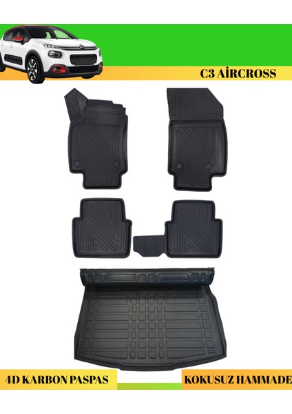 Citroen C3 Aircross 2017+ Araca Özel Üretim 4d Havuzlu Karbon Paspas Takımı + 3D Bagaj Havuzu Üst