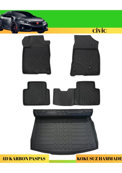 Honda Civic 2016-2021 Araca Özel Üretim 4d Havuzlu Karbon Paspas Takımı + 3D Bagaj Havuzu