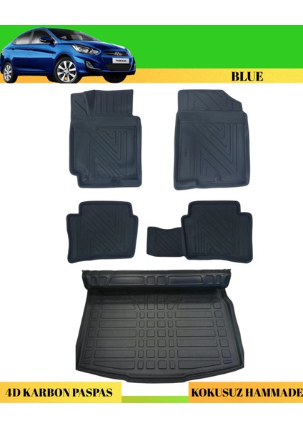 Hyundai Accent Blue Araca Özel Üretim 4d Havuzlu Karbon Paspas Takımı + 3D Bagaj Havuzu