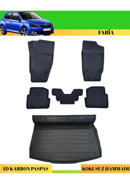 Skoda Fabia 2015-2020 Araca Özel Üretim 4d Havuzlu Karbon Paspas Takımı + 3D Bagaj Havuzu