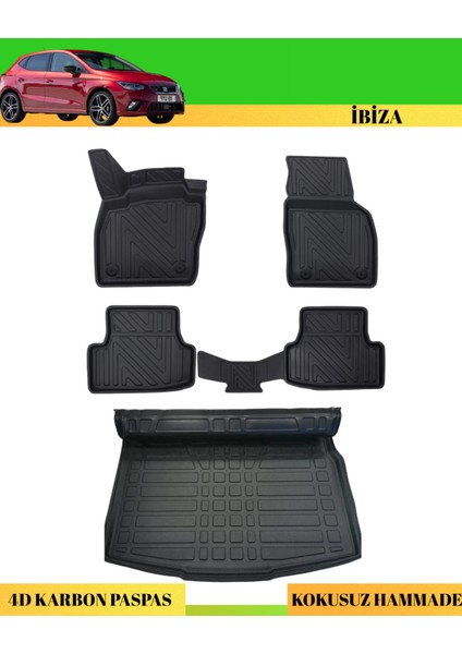 Seat Ibiza 2017+ Araca Özel Üretim 4d Havuzlu Karbon Paspas Takımı + 3D Bagaj Havuzu