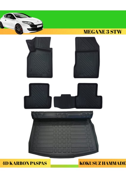 Renault Megane 3 Stw Araca Özel Üretim 4d Havuzlu Karbon Paspas Takımı + 3D Bagaj Havuzu