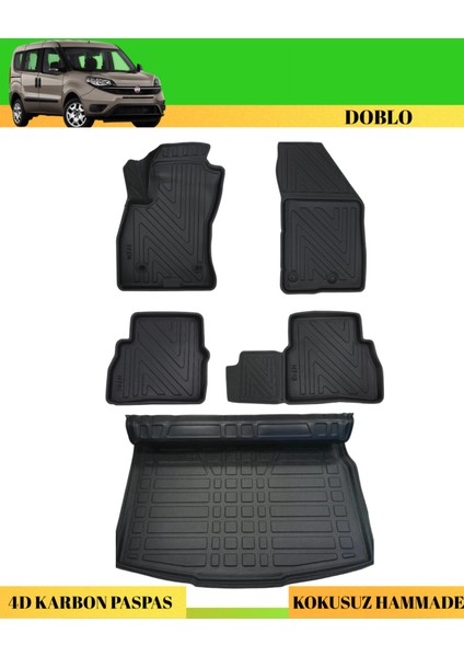 Fiat Doblo 2010-2022 Araca Özel Üretim 4d Havuzlu Karbon Paspas Takımı + 3D Bagaj Havuzu