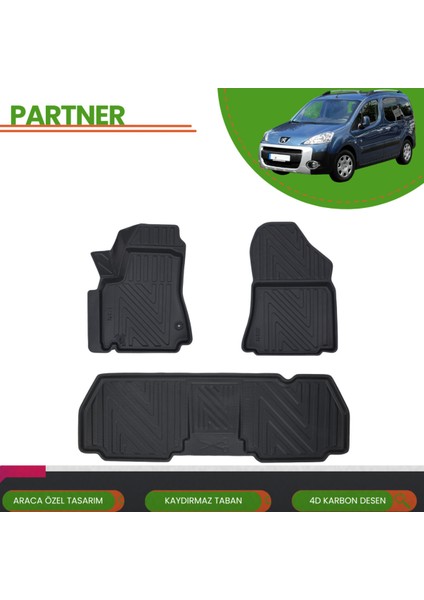 Puegeot Partner 2008-2018 4d Araca Özel Havuzlu Paspas Takımı (Karbon)